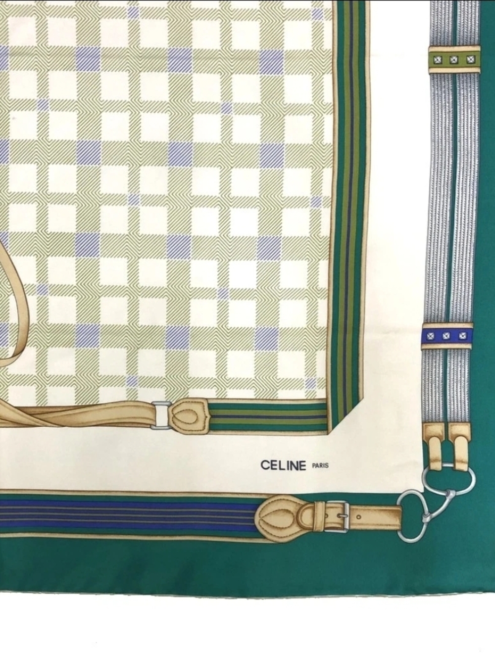 CELINE Paris Vtg Silk Scarf Equestrian Saddle Harness Motif Green Checkered 86cm - Picture 6 of 10